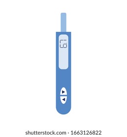 Un medidor de glucosa azul con un resultado de una prueba de nivel de azúcar en sangre en un pequeño glucómetro con forma de palo para el tratamiento médico de la diabetes. Ilustración vectorial aislada plana.