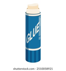 Blue glue stick with white cap slightly open standing up on white background