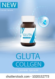 blue  glutathione pack with capsule and the third ingredient can be separated. On a light blue background. 