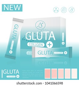 Blue glutathione pack on a light blue background.
