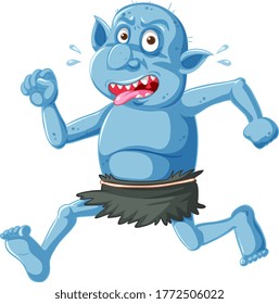 Blue goblin or troll running pose with funny face in cartoon character isolated illustration