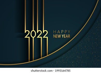 Blue gold 2022 Happy New Year card with premium foil gradient texture lines, dark background. Festive rich design for holiday card, invitation, calendar poster. Happy 2022 New Year gold text on blue.