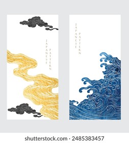 Blue and gold abstract art background with contemporary art template vector. Water surface elements with Japanese wave pattern decoration. Hand drawn ocean object. 