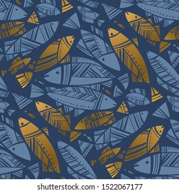 Blue and gold abstract fish seamless pattern for background, wrap, fabric, textile, wrap, surface, web and print design. Goldfish, herring, cod decorative fish vector rapport.
