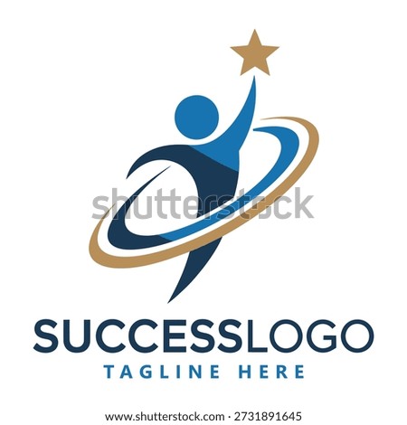 Blue and gold abstract human figure reaching star symbol success logo template icon