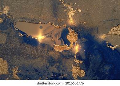 Blue and gold abstract marble pattern with sparkles. Vector background in alcohol ink technique with glitter. Template for banner, poster design. Fluid art painting