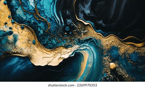 Blue and Gold Abstract Painting on a Luxurious Marble Acrylic Background: A Close-Up View.

