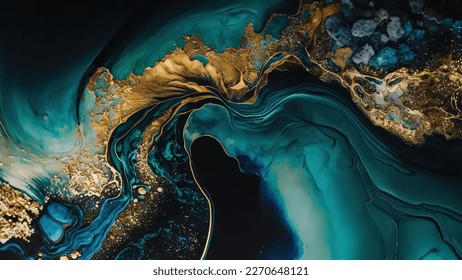 Blue and Gold Abstract Painting on a Luxurious Marble Acrylic Background: A Close-Up View.
