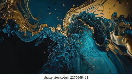 Blue and Gold Abstract Painting on a Luxurious Marble Acrylic Background: A Close-Up View.