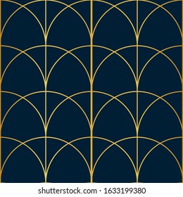 Blue And Gold Arch Art Deco Inspired Seamless Pattern Print Background