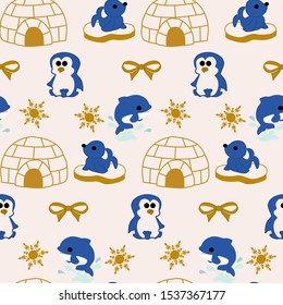 Blue and gold arctic animals in a seamless pattern design, perfect to use on the web or in print