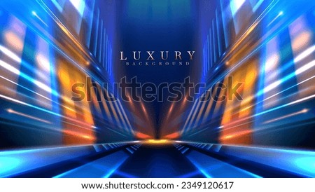 Blue and gold arrows shoot out at high speed with empty space in the center and decorated with neon light and bokeh effects on dark scenes. Futuristic technology background design.