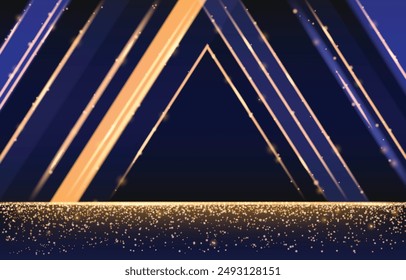 Blue and gold award show stage with glitter light background. Abstract 3d winner ceremony podium with magic sparkle on floor bg. Empty geometric studio shine for product display or concert event