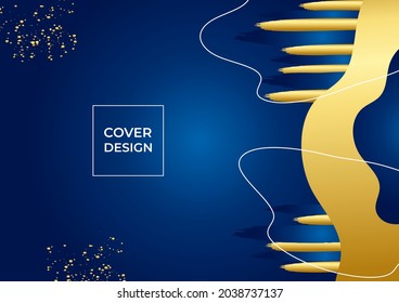 Blauer goldener Hintergrund mit abstrakten Formen Elemente. Pinselstruktur, geometrisches Muster für Banner, Flyer, Poster, Broschüre