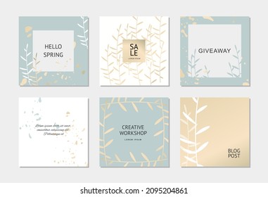 Blue and gold backgrounds with minimal floral elements. Social media post templates. Vector for content creators about beauty, fashion, cosmetics, jewelry, makeup