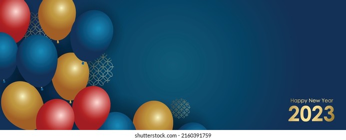 Blue and gold balloons, with red accent, holiday banner 2023 new year.
