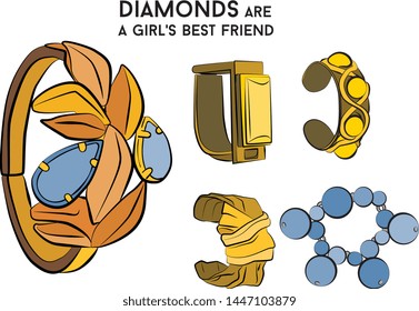 Blue and gold Beautiful bracelet - jewelry set Fashion vector illustration vector  object isolated necklace 