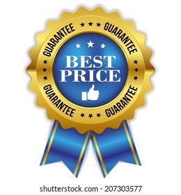 Blue gold best price badge with ribbon on white background