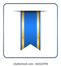 Blue and gold bookmark banner. Vertical book mark, isolated on white background. Color tag, label. Flag symbol, sign. Design element blank. Empty sticker for sale. Template icon. Vector illustration