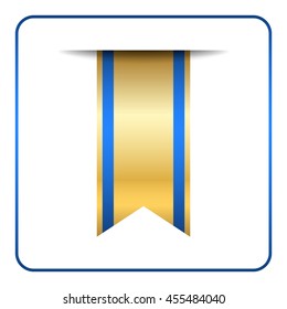 Blue and gold bookmark banner. Vertical book mark, isolated on white background. Color tag, label. Flag symbol, sign. Design element blank. Empty sticker for sale. Template icon. Vector illustration