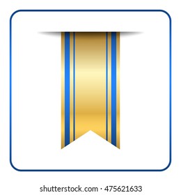 Blue and gold bookmark banner. Vertical book mark, isolated on white background. Color tag, label. Flag symbol, sign. Design element. Empty sticker for sale. Template icon. Vector illustration