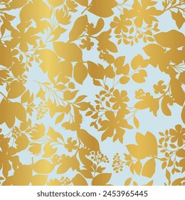 Blue and Gold Botanical Vector Seamless Pattern