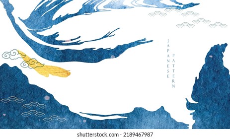 Blue And Gold Brush Stroke Texture With Japanese Ocean Wave Pattern In Vintage Style. Abstract Art Landscape Banner Design With Watercolor Texture Vector. Cloud Icon.