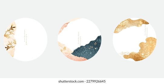 Blue and gold brush stroke texture with Japanese ocean wave pattern in vintage style. Abstract art landscape art symbol and icon design with watercolor texture vector.  Bamboo leave element.