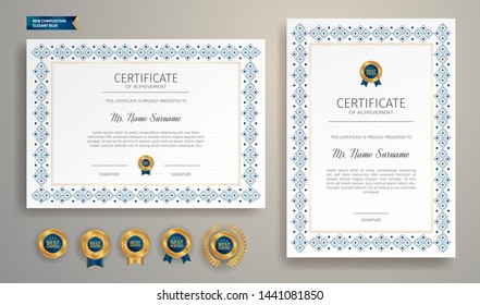 Blue and gold certificate of achievement border template with luxury badge and modern line pattern