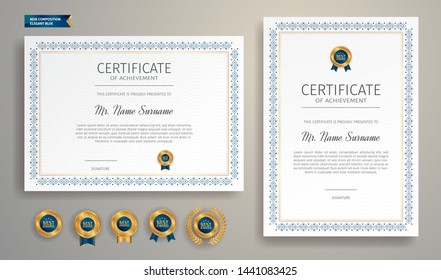 Blue and gold certificate of achievement border template with luxury badge and modern line pattern