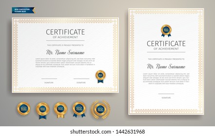 Blue and gold certificate of achievement border template with luxury badge and modern line pattern