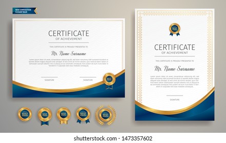 Blue and gold certificate of achievement border template with luxury badge and modern line pattern. For award, business, and education needs