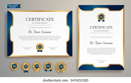 Blue and gold certificate of achievement border template with luxury badge and modern line pattern. For award, business, and education needs