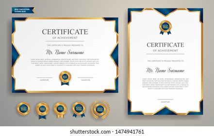 Blue and gold certificate of achievement border template with luxury badge and modern line pattern. For award, business, and education needs