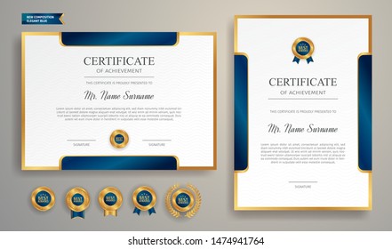 Blue and gold certificate of achievement border template with luxury badge and modern line pattern. For award, business, and education needs