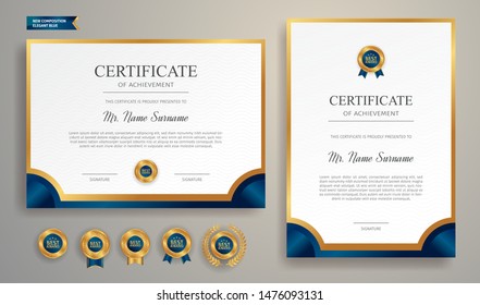 Blue and gold certificate of achievement border template with luxury badge and modern line pattern. For award, business, and education needs