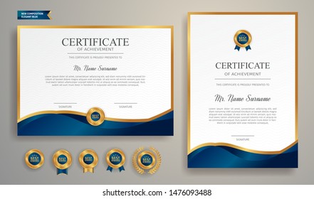 Blue and gold certificate of achievement border template with luxury badge and modern line pattern. For award, business, and education needs