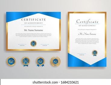 Blue and gold certificate of achievement border vector template with luxury badge and modern line pattern. For award, business, and education needs