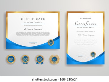 Blue and gold certificate of achievement border vector template with luxury badge and modern line pattern. For award, business, and education needs