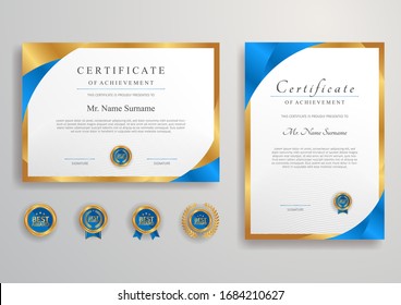 Blue and gold certificate of achievement border vector template with luxury badge and modern line pattern. For award, business, and education needs