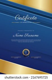 Blue and gold certificate of achievement border template with luxury badge and modern line pattern. For award, business, and education needs