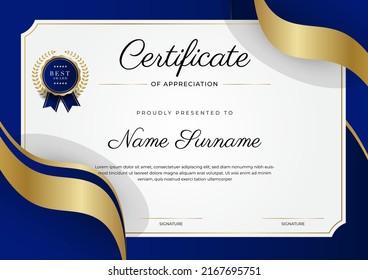 Blue and gold certificate of achievement border template with luxury badge and modern line pattern. For award, business, and education needs