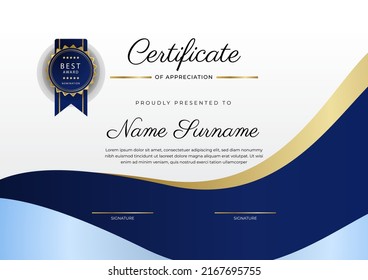 Blue and gold certificate of achievement border template with luxury badge and modern line pattern. For award, business, and education needs