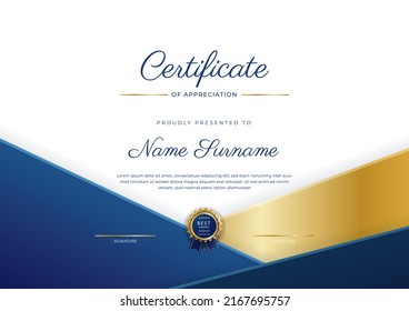 Blue and gold certificate of achievement border template with luxury badge and modern line pattern. For award, business, and education needs