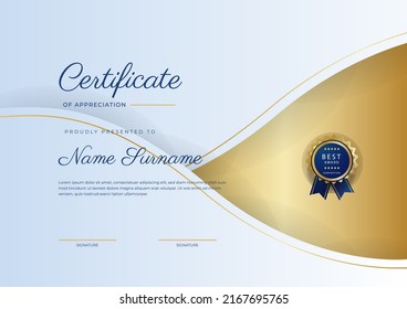 Blue and gold certificate of achievement border template with luxury badge and modern line pattern. For award, business, and education needs