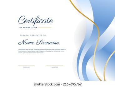 Blue and gold certificate of achievement border template with luxury badge and modern line pattern. For award, business, and education needs