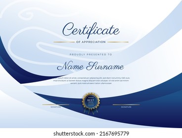 Blue and gold certificate of achievement border template with luxury badge and modern line pattern. For award, business, and education needs
