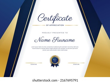 Blue and gold certificate of achievement border template with luxury badge and modern line pattern. For award, business, and education needs