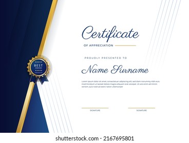 Blue and gold certificate of achievement border template with luxury badge and modern line pattern. For award, business, and education needs