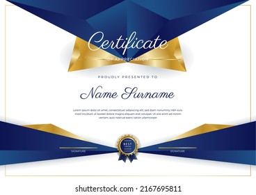Blue and gold certificate of achievement border template with luxury badge and modern line pattern. For award, business, and education needs